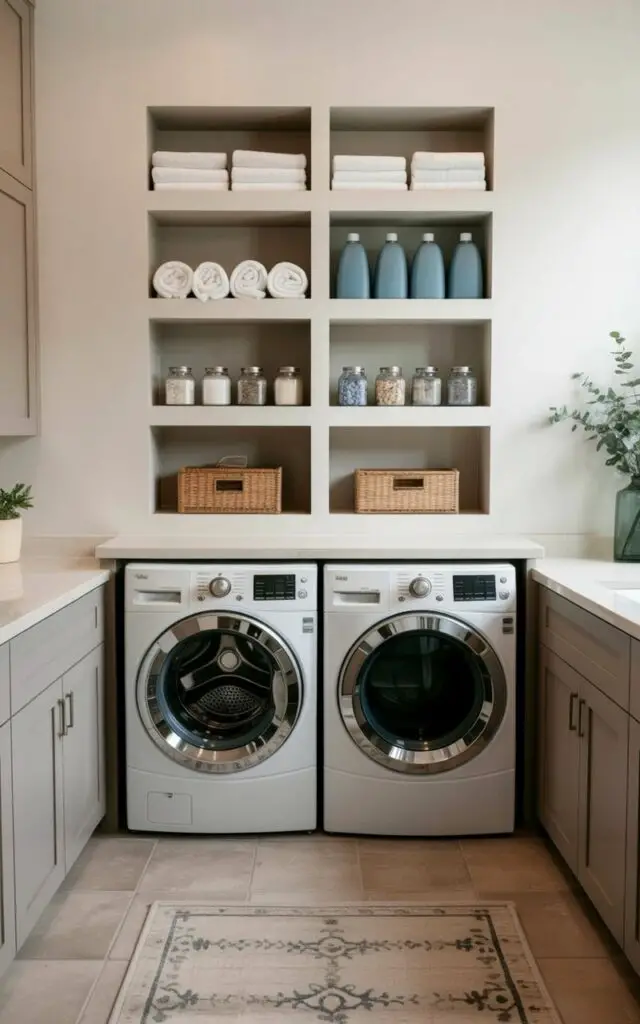 A series of six narrow, built-in wall cubbies are arranged vertically, transforming a small section of wall into organized storage within a well-lit laundry room. Each cubby contains neatly rolled white towels, blue detergent bottles, and small glass jars filled with laundry pods, all positioned with precision. Below the cubbies, a white front-loading washing machine and matching dryer fit snugly into a recessed nook, flanked by light gray shaker-style cabinetry with brushed nickel hardware. The walls are painted a soft off-white, and a patterned rug sits on the tiled floor in front of the machines, adding a touch of warmth to the functional space.