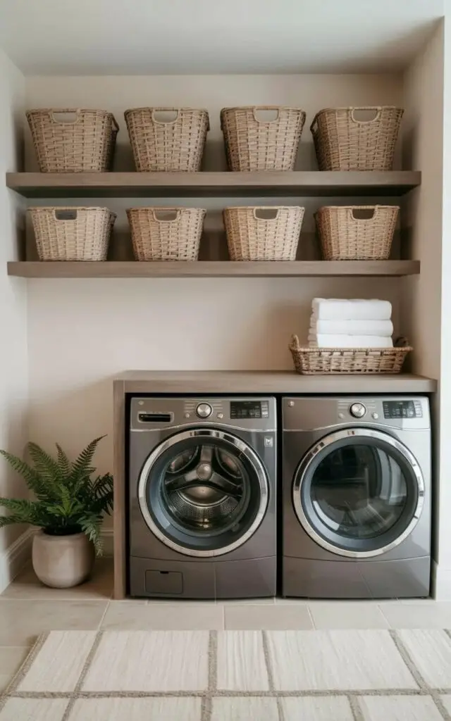 A bright, minimalist, very well decorated laundry room showcasing matching baskets neatly arranged across open shelves, creating an instantly uniform laundry room storage layout. The baskets—woven in a light, neutral tone—are labeled for easy sorting and contribute to a calm, harmonious feel. A modern laundry machine and laundry dryer sit directly beneath the shelving, both gleaming with polished surfaces that complement the tidy environment. Soft shadows highlight the textures of the baskets, while the uncluttered countertops enhance the minimalist aesthetic. Everything feels intentional, serene, and beautifully organized.