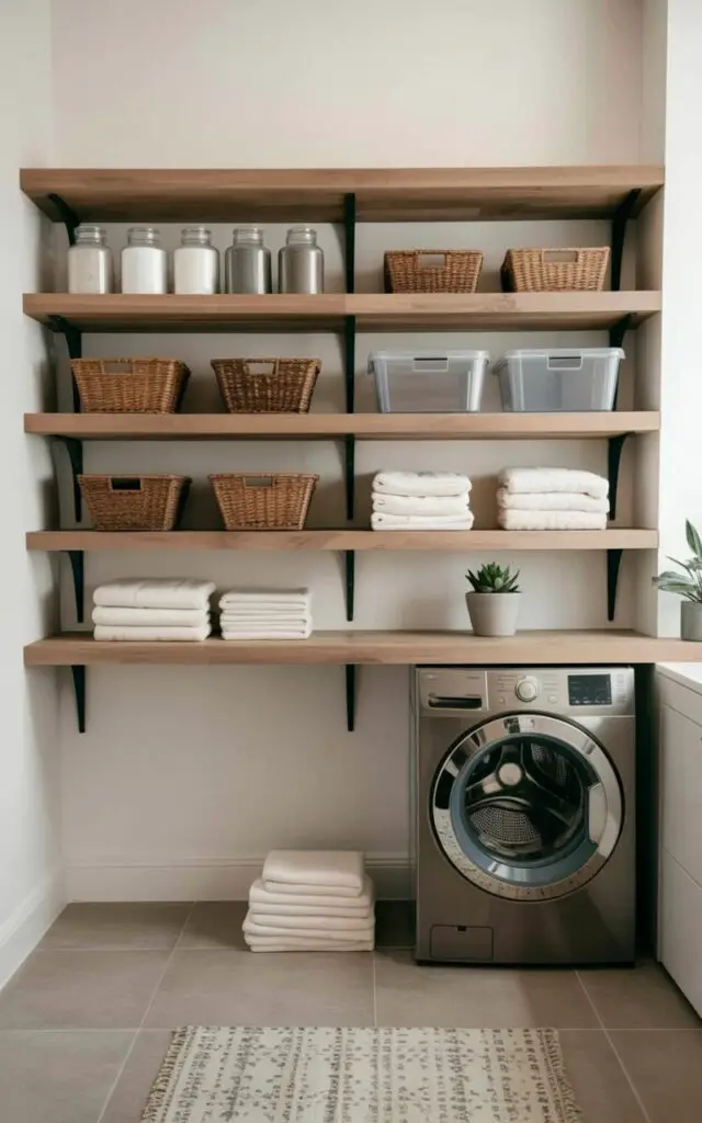 Wall-to-wall open shelving made of warm light-wood planks, supported by slim matte-black brackets, spans the length of a laundry room. The shelves hold an assortment of neatly arranged laundry room storage essentials including clear glass jars filled with powder detergent, three woven baskets of varying sizes, rectangular plastic bins, and neatly folded white linen cloths. Beneath the shelving, a front-loading laundry machine with a stainless-steel door sits flush against a crisp white wall, and a small pile of folded towels rests on the floor beside it. Soft natural light streams in from an unseen window, illuminating a small potted succulent sitting on one of the top shelves and a patterned rug placed on the tiled floor.