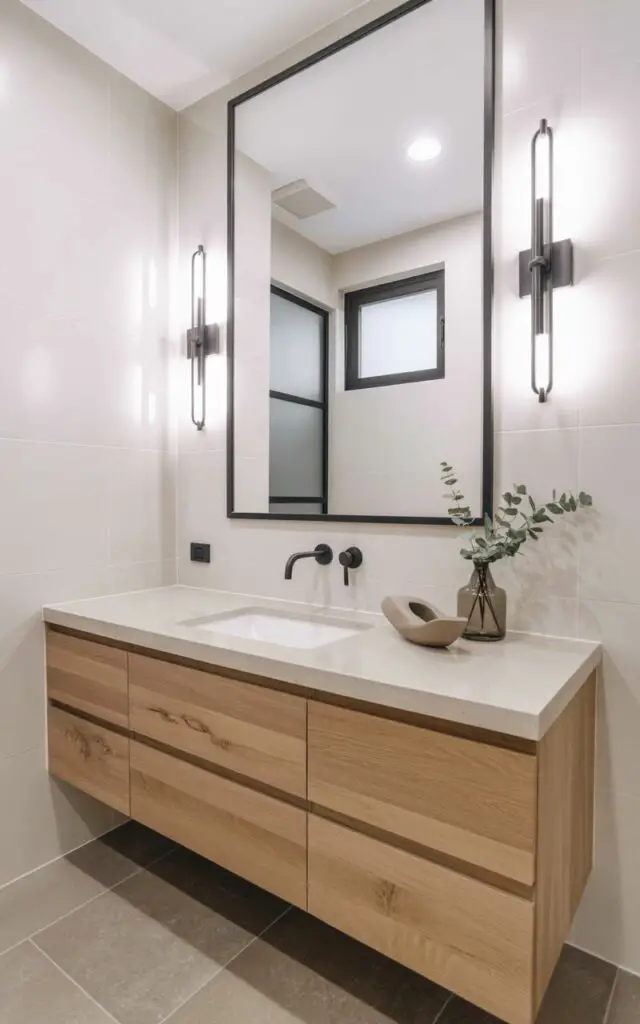 A sleek, floating vanity crafted from warm light oak sits against matte white walls in a well-lit bathroom. Two slim, vertical sconces with a brushed nickel finish flank a large, frameless mirror, emitting a warm, diffused glow across the room. A single sculptural ceramic soap dish rests on the uncluttered countertop alongside a small vase holding several sprigs of eucalyptus. Neutral-toned stone tiles cover the floor, reflecting soft shadows from the recessed ceiling fixture above and a nearby frosted glass window.