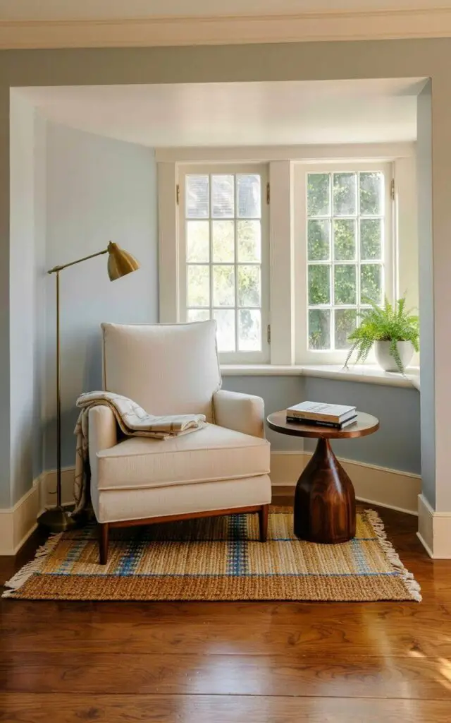 A plush armchair upholstered in a cream-colored linen fabric sits beside a small, round side table made of dark walnut wood. A floor lamp with a brass adjustable arm extends over the chair, casting a warm glow on a folded throw blanket draped across the armrest and a stack of books resting on the side table. The nook is situated within a recessed alcove of a room featuring pale gray walls and a hardwood floor with a subtle grain pattern. A woven rug with a geometric pattern lies beneath the chair, and a single potted fern rests on a nearby windowsill.