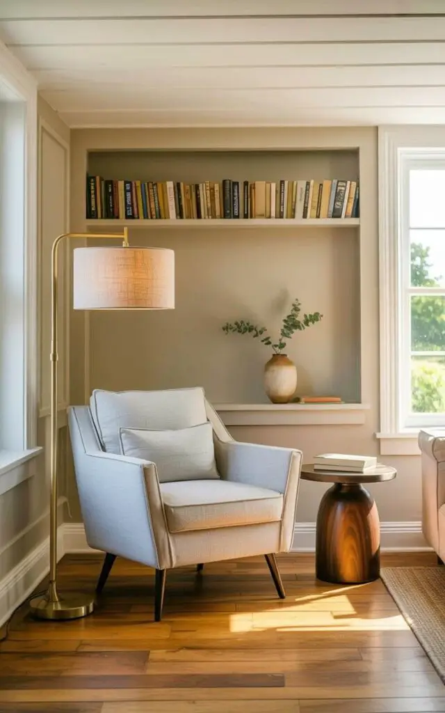 A modern armchair with light gray fabric upholstery and slim wooden legs sits facing a corner of a living room. A brushed brass floor lamp with a linen shade stands to the left of the armchair, illuminating a small round side table made of dark walnut wood with a single stack of books resting on its surface. The corner is defined by a pale beige wall with a built-in bookshelf displaying a selection of hardback books and a small ceramic vase holding a few sprigs of eucalyptus. Soft, natural light streams in through a window partially visible on the right, revealing a glimpse of a neutral-toned rug and a portion of a cream-colored sofa beyond the reading nook.