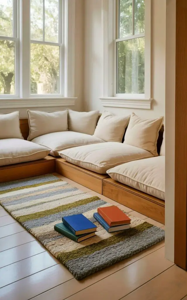Low-profile modular seating pieces are arranged in a circular configuration, layered with several oversized, plush floor cushions covered in cream-colored linen. A thick, hand-knotted rug with a geometric pattern in shades of gray, beige, and muted olive green anchors the seating area. A small stack of three hardcover books—one with a deep blue cover, one with a burnt orange cover, and one with a forest green cover—rests on the floor next to the seating. The reading nook is situated within a larger room with light-colored wooden floorboards and a large window revealing a blurred view of leafy trees beyond.