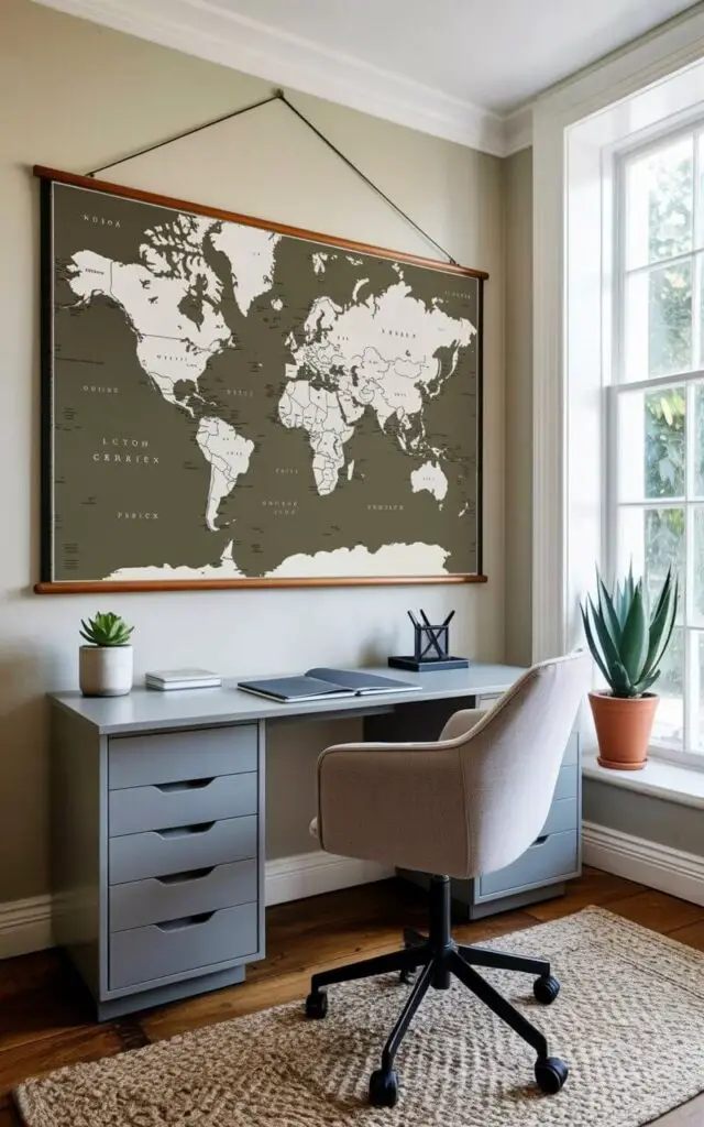 A large world map with muted beige and olive green tones hangs centered on a wall above a streamlined office desk. The map depicts continents outlined in thin gray lines, with major cities marked by small black dots and key geographical features such as mountain ranges and rivers indicated through subtle shading. A comfortable office chair with a curved gray fabric seat and slender black legs is positioned facing the desk. Natural light streams through a large window to the right, illuminating the wall and desk while a potted succulent sits on the corner of the desk surface.
