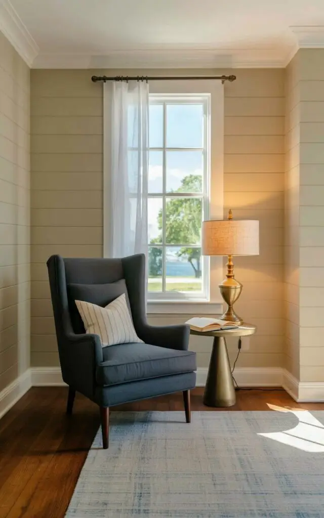 A dark gray armchair with a high back and slender wooden legs sits facing a window. A brass reading lamp with a linen shade is positioned on a small round side table next to the chair, casting a warm glow onto an open book resting on the table. The room features pale cream-colored walls and a light gray area rug covering the hardwood floor. A sheer white curtain filters sunlight through the window, revealing a glimpse of a distant green tree and a blue sky beyond.