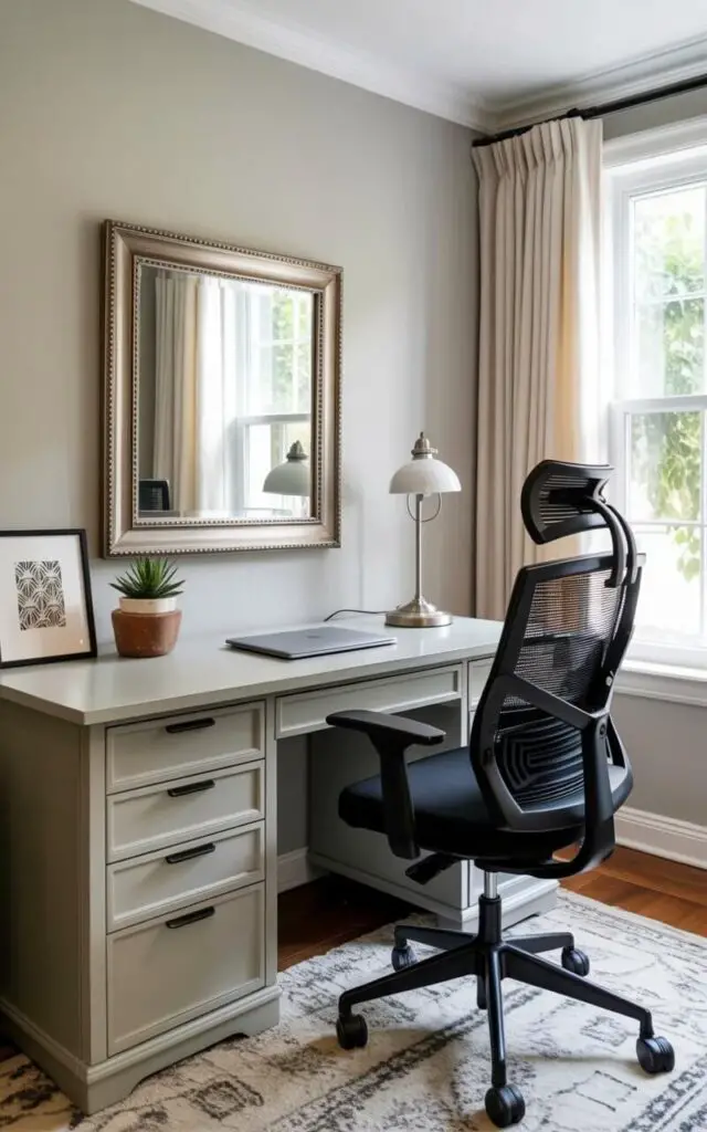 A light gray desk sits against a wall with a large rectangular mirror hanging above it, reflecting the room’s natural light. The desk's surface holds a closed laptop, a small ceramic planter with a succulent, and a metal desk lamp with a white shade. A black mesh office chair with adjustable armrests is positioned directly in front of the desk, its back facing the wall. Soft white curtains hang from a window to the right of the desk, allowing diffused sunlight to illuminate the room and a small framed print with a geometric pattern rests on the desk near the laptop.
