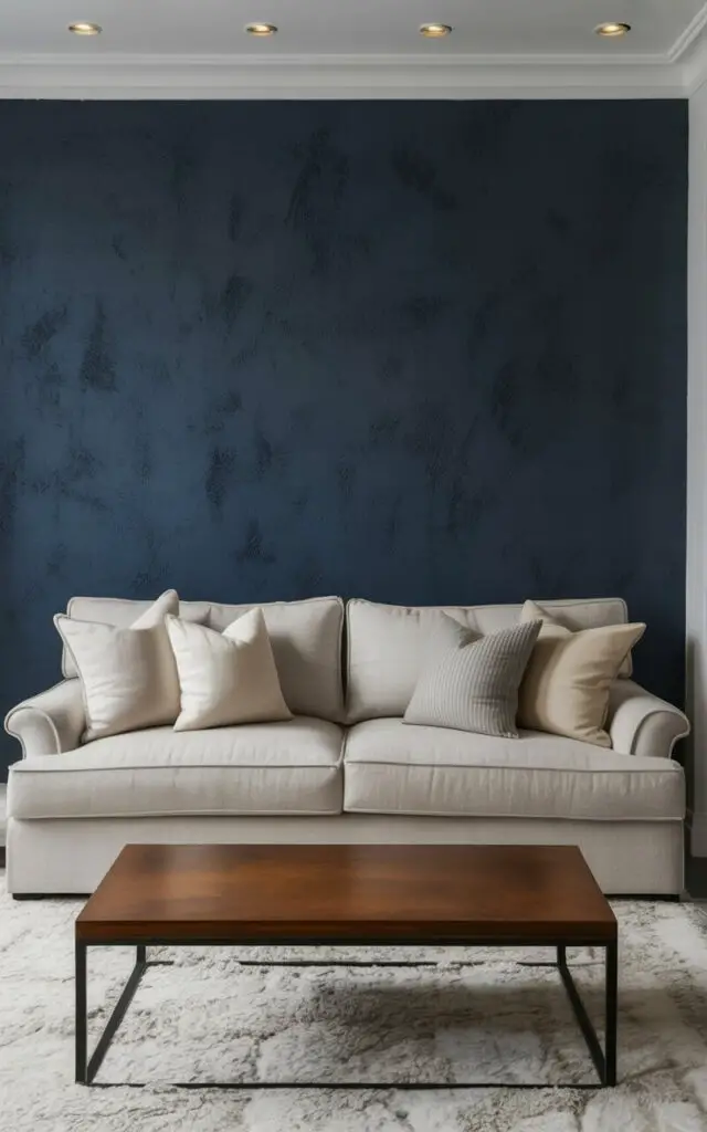 A deep navy blue accent wall dominates the rear of the living room, contrasting with the surrounding white walls. A large, comfortable sofa upholstered in a light beige linen fabric sits directly in front of the accent wall, featuring several throw pillows in varying shades of cream and gray. A sleek, rectangular coffee table made of dark wood rests on a plush ivory area rug in front of the sofa. Recessed lighting fixtures embedded in the ceiling cast subtle illumination on the accent wall, highlighting its textured surface and creating gentle shadows.