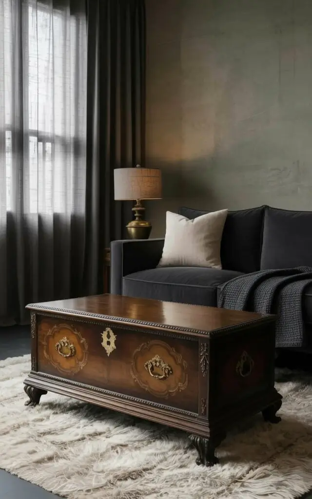 An antique wooden chest with ornate carvings and brass hardware sits on a plush, cream-colored area rug. The chest’s surface shows signs of age with subtle scratches and a slightly faded finish, revealing a rich walnut wood grain. A charcoal gray sofa with velvet upholstery rests nearby, adorned with a single ivory-colored throw pillow and a dark gray knit blanket. Soft, diffused light streams through sheer linen curtains, illuminating a textured plaster wall painted in a muted sage green and a small antique brass table lamp with a linen shade positioned on a side table.