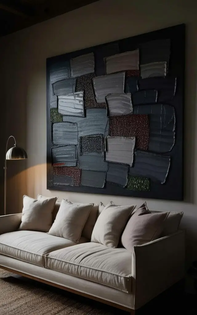 A large canvas painting dominates the wall, displaying a complex composition of overlapping dark gray and charcoal shapes with smaller patches of deep maroon and forest green. The painting's surface appears uneven with areas of impasto and smoother, blended sections. Directly across from the artwork sits a low-slung sofa upholstered in a light beige linen fabric with three plush cushions arranged against the backrest. A single, arched floor lamp with a brushed nickel finish casts a warm glow on the lower portion of the canvas, highlighting texture and creating subtle shadows on the wall.