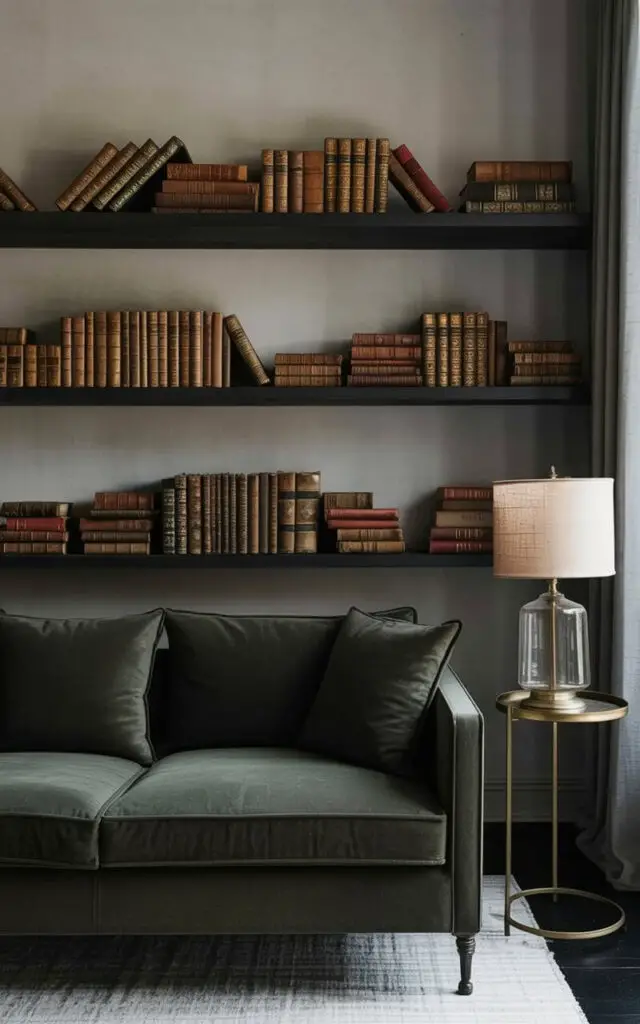 Stacks of antique books with worn spines and faded gold lettering are arranged on dark wooden shelves against a pale gray wall. Leather-bound volumes with embossed details sit alongside paperbacks with illustrated covers, some leaning against each other to create a sense of casual organization. A deep green velvet sofa with plush cushions sits facing the shelves, accented by a small brass table holding a glass lamp with a linen shade. The room is softly lit by the lamp and a window revealing a rainy cityscape visible through sheer curtains.