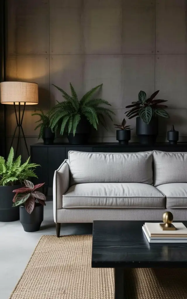 A plush, gray fabric sofa sits centered in a dimly lit living room. Several matte black ceramic planters containing ferns with deep green fronds and burgundy-veined pothos plants are arranged on the floor and a low credenza against the wall. A woven jute rug lies beneath the sofa, and a dark wood coffee table with a simple geometric design rests in front of it, holding a stack of books and a small, brass sculpture. Soft light emanates from a floor lamp with a linen shade, illuminating the foliage and casting gentle shadows across the room’s concrete walls.