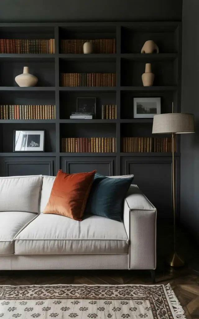 A dark gray built-in shelving unit spans an entire wall, filled with leather-bound books of varying sizes and colors. Sculptural ceramic vases in cream and terracotta tones are interspersed among the books, along with framed black and white photographs resting on the shelves. A light gray linen sofa with three plush throw pillows—one in burnt orange, one in deep teal, and one in ivory—sits adjacent to the shelving unit, facing the wall. A patterned Persian rug with a geometric design in shades of beige and brown lies on the hardwood floor, while a brass floor lamp with a linen shade stands near the sofa, casting a warm glow on the scene.