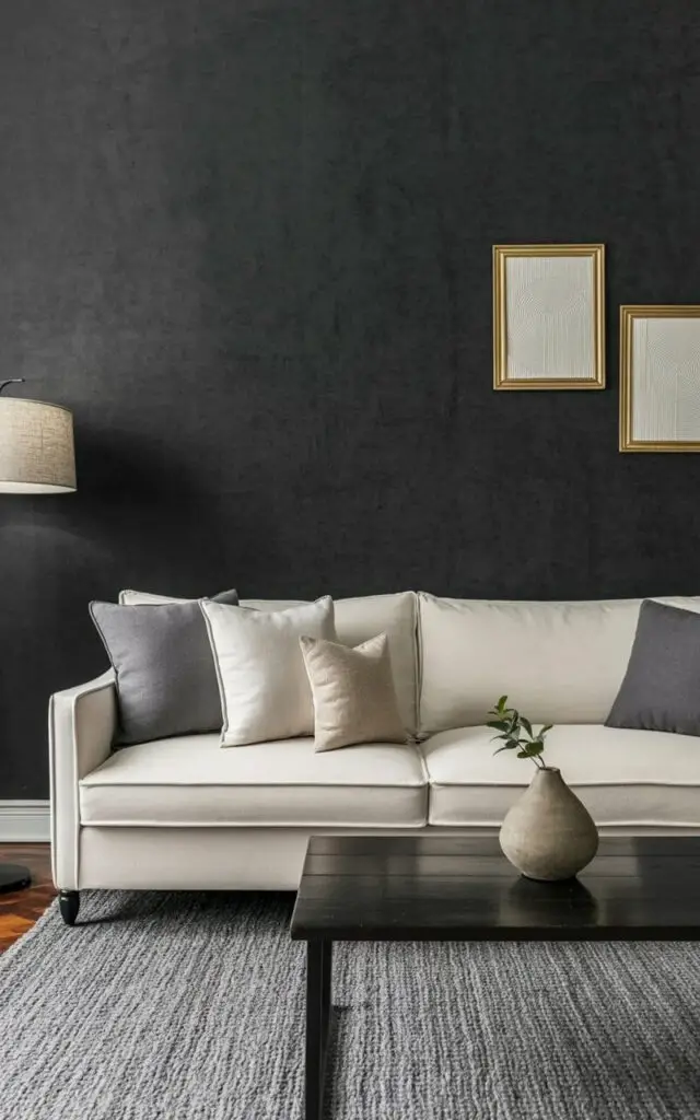 A cream-colored sofa with plush cushions sits centered in a deep charcoal-painted living room. Several rectangular throw pillows in varying shades of gray and beige are arranged across the sofa, while a dark wood coffee table rests in front, holding a simple ceramic vase with a single sprig of greenery. Two brass picture frames hang on the matte charcoal walls, displaying abstract geometric patterns, and a muted gray rug covers the hardwood floor. A floor lamp with a linen shade casts a warm glow, illuminating the room and highlighting the clean lines of the furniture and subtle textures of the decor.
