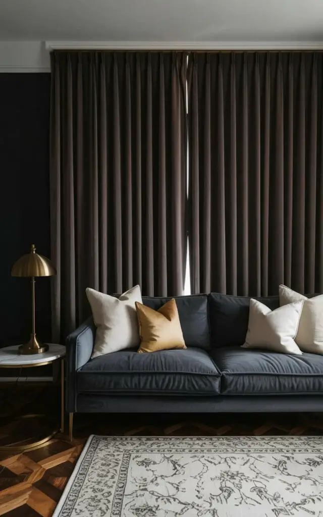 Floor-to-ceiling curtains made of heavy velvet fabric in a deep burgundy color cover a large window, creating a sense of enclosure within the room. A plush, charcoal gray sofa sits directly across from the window, featuring multiple throw pillows in cream and gold tones arranged casually on its surface. A marble-topped side table with a brass lamp sits to the left of the sofa, while a patterned area rug in muted tones covers the hardwood floor. The room is softly lit by a hidden light source, highlighting the texture of the curtains and the comfortable arrangement of the furniture.