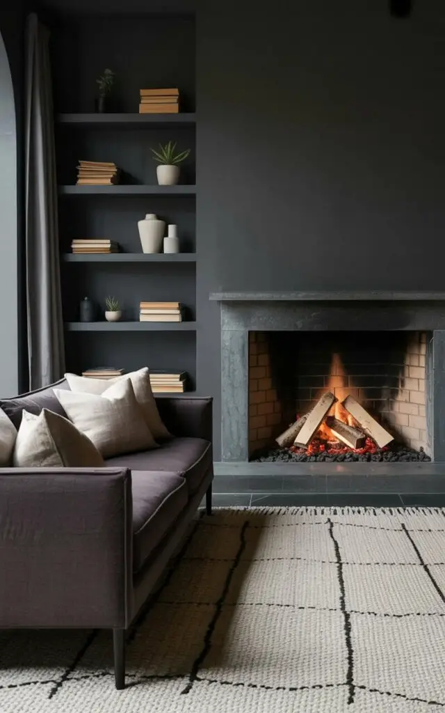 A large stone fireplace dominates the back wall, filled with crackling birch logs that emit a warm, orange glow. A plush, dark gray sofa with linen throw pillows sits facing the fireplace, positioned on a thick, cream-colored rug with a subtle geometric pattern. The walls are painted a deep charcoal gray and adorned with several narrow, dark wood shelves displaying stacked books, ceramic vases, and a few small potted succulents. A tall, arched window to the left of the fireplace reveals a snow-covered landscape outside, illuminated by the soft glow of distant streetlights.