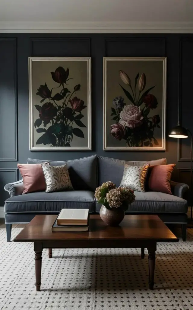 A plush, dark gray sofa sits in the center of the room, upholstered in a soft velvet fabric with several patterned throw pillows arranged on the seat and back. Framed floral prints with dark backgrounds and visible brushstrokes hang on the walls, depicting roses, lilies, and peonies in shades of deep burgundy, muted olive green, and dusty lavender. A dark wooden coffee table with tapered legs sits in front of the sofa, holding a stack of books and a ceramic vase filled with fresh-cut hydrangeas. Soft light from a nearby floor lamp illuminates the space, casting shadows across a patterned area rug with a subtle geometric design and highlighting the texture of the walls painted a deep charcoal gray.