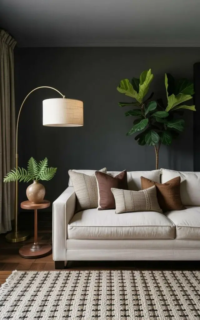 A large, plush sofa upholstered in cream-colored linen sits centrally in the room, adorned with several throw pillows in shades of brown and beige with woven textures. A tall, arched floor lamp with a brass base and a linen shade stands to the left of the sofa, casting a warm glow on a small, round wooden side table holding a ceramic vase filled with several ferns. Forest-green walls are lined with floor-to-ceiling drapery made of a thick, natural fabric, and a large, potted fiddle-leaf fig tree stands in the corner, its broad leaves partially obscuring a glimpse of the outdoors through a single window. The hardwood floor is partially covered by a large, hand-knotted wool rug with a subtle geometric pattern in earth tones.