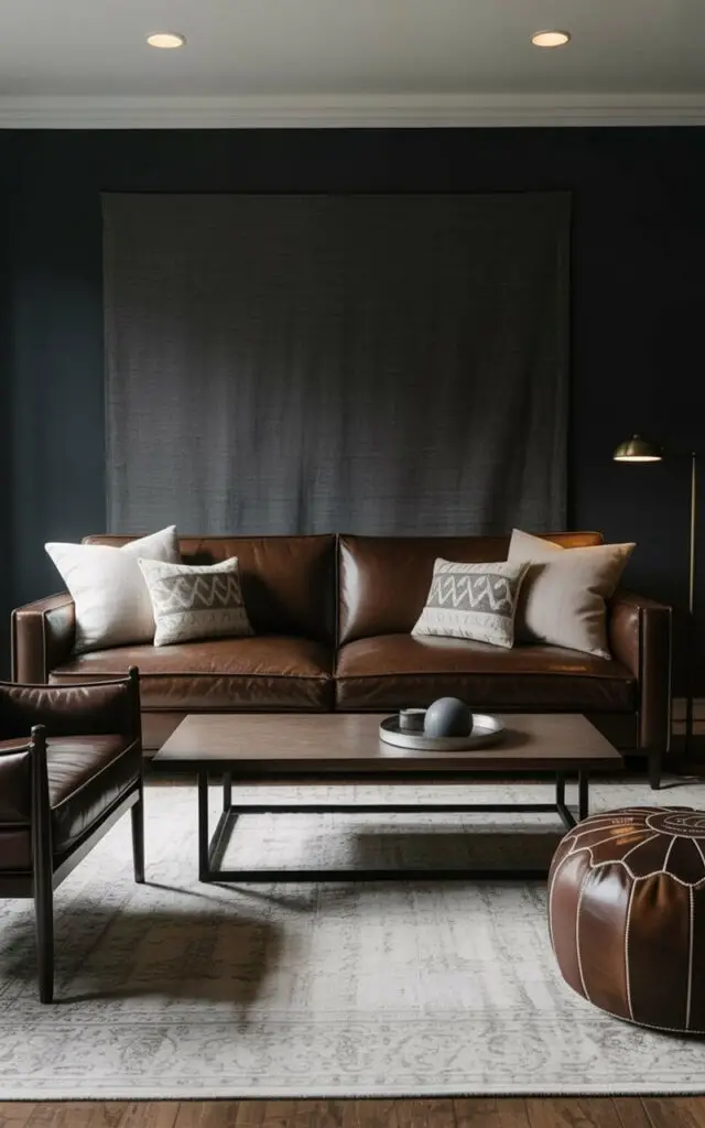 A large, dark brown leather sofa sits in the center of the room, its cushions arranged casually with several throw pillows featuring geometric patterns in shades of gray and cream. Two dark walnut leather armchairs and a round leather pouf are positioned on either side of the sofa, facing a low, rectangular coffee table made of dark-stained wood with brushed metal legs. A large area rug with a subtle, distressed pattern covers the hardwood floor, grounding the seating arrangement within the space. Soft, warm light emanates from recessed ceiling fixtures and a floor lamp with a brass base, creating gentle shadows on the leather and highlighting the natural grain of the wood.