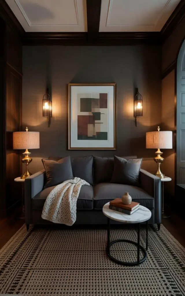 A plush, dark gray sofa with deep, square cushions sits centered in the room, its surface adorned with a cream-colored knitted throw blanket. Two brass table lamps with linen shades flank the sofa, casting pools of warm light onto a nearby marble-topped side table holding a stack of leather-bound books and a small ceramic vase. A wall-mounted sconce with a brushed nickel finish illuminates a framed abstract print depicting geometric shapes in muted earth tones, while a tall, arched floor lamp with a dimmer switch provides soft, indirect lighting in a corner. The walls are textured with a subtle vertical pattern, and a large, woven rug with a geometric design covers the hardwood floor, grounding the space.
