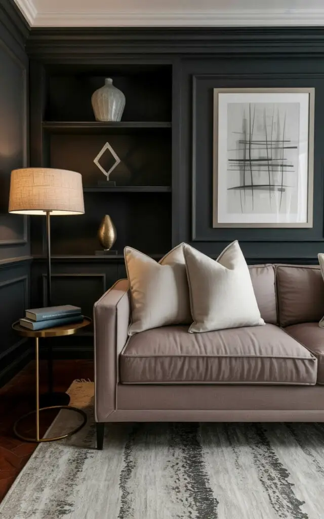A taupe-colored sofa with clean lines sits against matte black walls, accented by three oversized rectangular pillows in a cream linen fabric. A black metal floor lamp with a linen shade stands to the left of the sofa, casting a warm glow on a small, round, brass side table holding a stack of three books with dark blue covers. A black, minimalist shelving unit spans the width of the wall, displaying a ceramic vase in a pale gray glaze, a geometric sculpture made of polished steel, and a framed abstract print with intersecting lines in shades of white and charcoal. The room features a polished concrete floor with a large, abstract area rug in muted shades of gray and beige, creating a sense of calm and depth.
