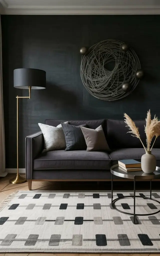 A dark gray sofa with plush velvet upholstery sits centered in a living room, adorned with several throw pillows in varying shades of gray and charcoal. A brass floor lamp with a black drum shade stands to the left of the sofa, while a matte black metal side table with a brushed nickel frame holds a stack of books and a ceramic vase containing dried pampas grass. The walls are painted a deep charcoal gray and feature a large, abstract sculpture made of interwoven metal wires and spheres. A large patterned rug with geometric shapes in black, gray, and cream covers the hardwood floor, anchoring the seating area within the room.
