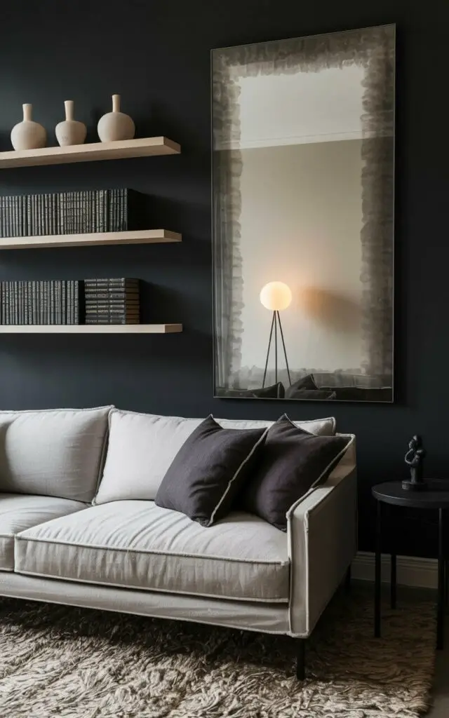 A large rectangular mirror with a smoky gray tint hangs vertically on a dark gray wall, partially obscuring the view behind it. Below the mirror, a gray linen sofa with dark gray throw pillows sits on a plush, neutral-colored rug. Two minimalist wooden shelves are mounted on the wall to the left of the mirror, displaying a collection of ceramic vases and stacked books with dark covers. A single, warm-toned floor lamp stands in the corner, casting a soft glow across the room, illuminating a small, dark-colored sculpture on a nearby side table.