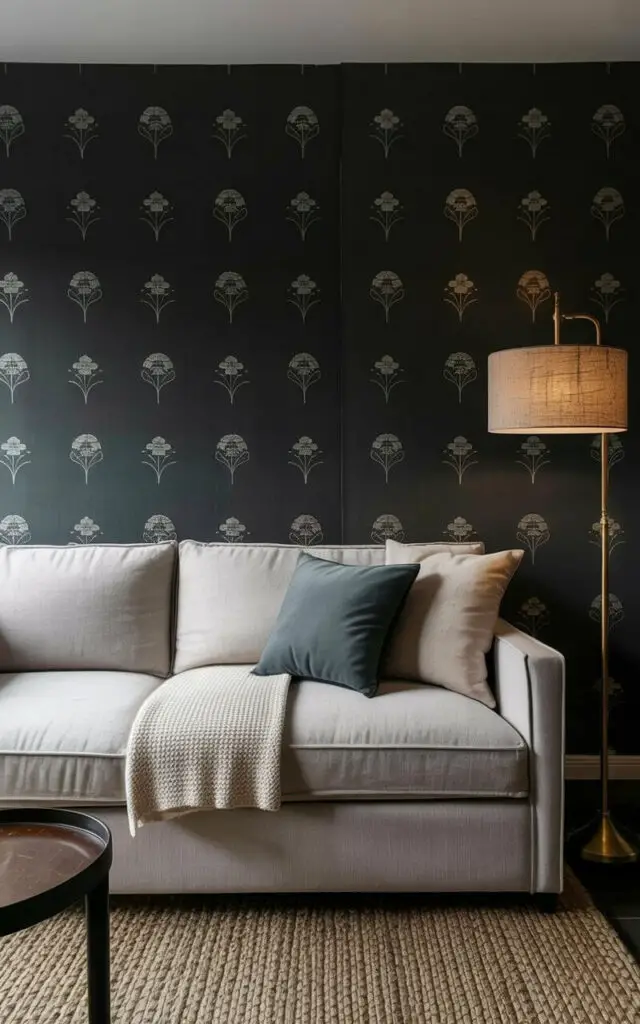 A plush sofa upholstered in light gray linen sits centered within the room. Two square throw pillows in a dark teal fabric rest against the back cushions, while a thin knit throw blanket in ivory is neatly folded across the seat. The walls are covered in a dark teal wallpaper featuring a repeating pattern of stylized floral motifs with silver accents. A brass floor lamp with a beige linen shade stands to the right of the sofa, casting a warm glow on the textured wallpaper and a small round side table with a dark wood finish positioned nearby.