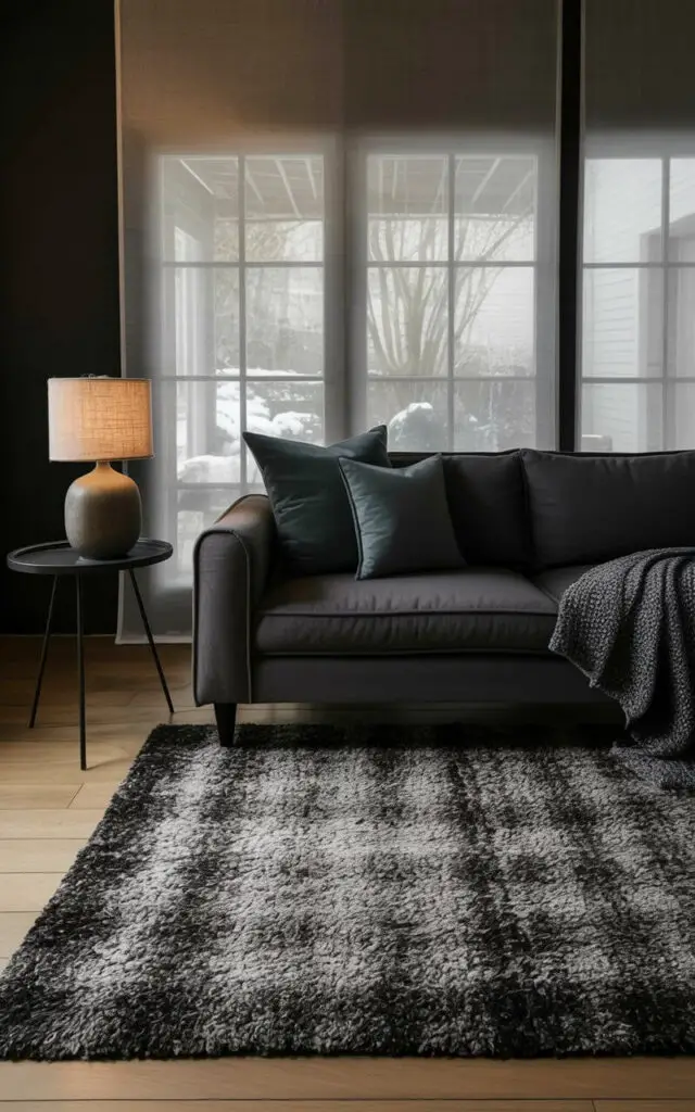 A plush, dark-gray rug covers the hardwood floor, featuring a dense pile with visible variations in texture. A dark charcoal-gray sofa with rounded arms and linen upholstery sits centered on the rug, adorned with three dark teal throw pillows and a knitted gray throw blanket. A small, round, black side table with thin metal legs rests to the left of the sofa, supporting a ceramic lamp with a beige linen shade. Large windows with sheer white curtains are visible in the background, letting in soft, diffused daylight and overlooking a snow-covered garden with bare trees.