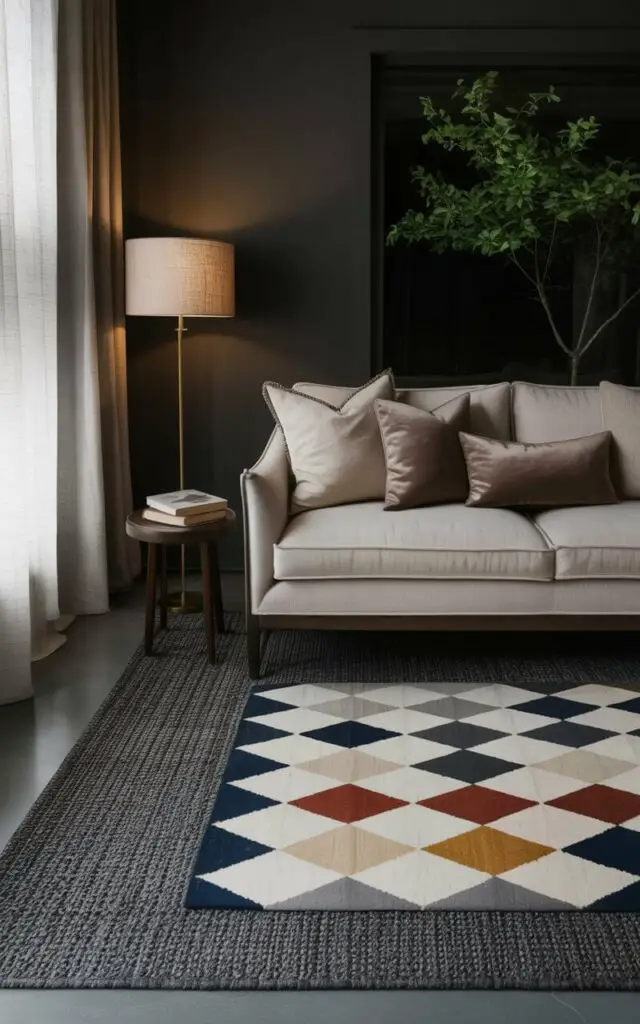 A dark gray wool rug covers the floor, layered with a smaller rug featuring a geometric pattern of navy blue, ochre, and ivory diamonds. A beige linen sofa with dark brown wooden legs sits centered on the rug arrangement, adorned with several plush pillows in varying shades of gray and cream. A tall floor lamp with a brass base and a linen shade stands to the left of the sofa, casting a warm glow on a small wooden side table holding a stack of books. A large window with sheer white curtains allows soft natural light to filter into the room, revealing a glimpse of a leafy green tree outside.