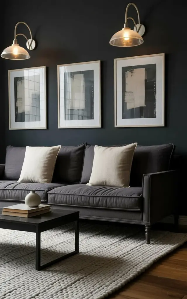 Two wall sconces with curved metal arms and frosted glass shades cast light downwards onto a living room. A charcoal gray sofa with dark gray cushions sits centered beneath the sconces, adorned with two square throw pillows covered in a cream-colored linen fabric. Dark teal walls feature three framed abstract prints displaying geometric shapes in shades of gray and white, with the sconces’ light highlighting the artwork. A thick, ivory-colored wool rug covers the hardwood floor, extending from beneath the sofa towards a dark wood coffee table holding a stack of books and a small ceramic vase.