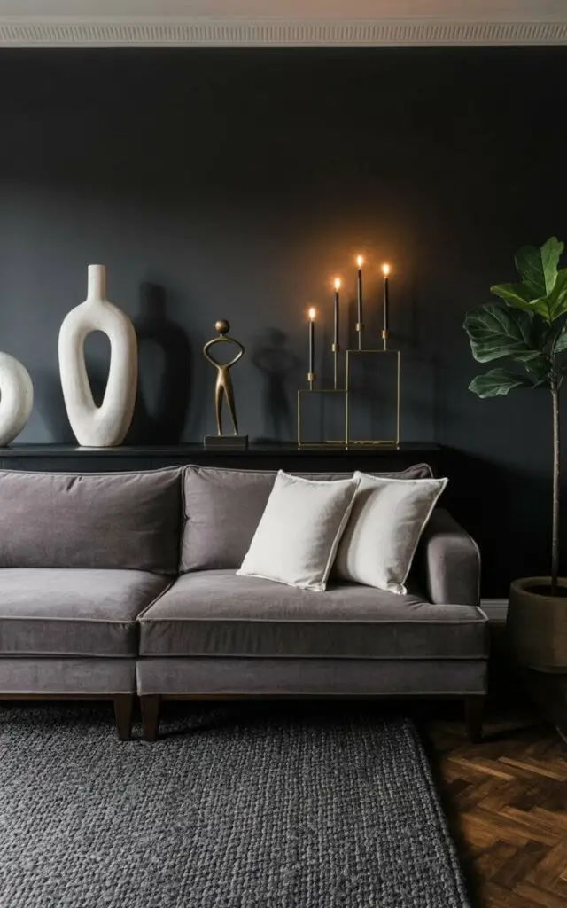 A large, plush, charcoal gray sofa anchors the room, featuring thick cushions and dark wooden legs. Several sculptural décor pieces are arranged around the sofa: a tall, curved white ceramic vase, a small bronze abstract statue depicting a human form, and a set of geometric brass candleholders with black tapered candles. Soft, warm light from a hidden source casts elongated shadows on the walls, emphasizing the contours of the sculptural objects. The room’s walls are painted a deep navy blue, and a dark gray wool rug covers the hardwood floor, with a single potted fiddle-leaf fig tree standing in the corner.