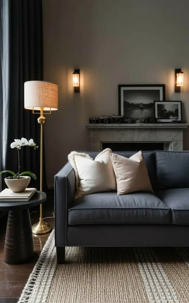 A deep grey linen sofa sits centered in the room with three plush throw pillows in varying shades of cream and beige. A brass floor lamp with a linen shade stands to the left of the sofa, casting a warm glow on a dark wooden side table holding a stack of books and a ceramic bowl with a single green orchid. Two wall sconces with frosted glass shades flank a stone fireplace with a mantel displaying a collection of vintage cameras and framed black and white photographs. The room features hardwood floors covered with a large, patterned wool rug and a tall window with dark curtains partially drawn, revealing a glimpse of a rainy street outside.