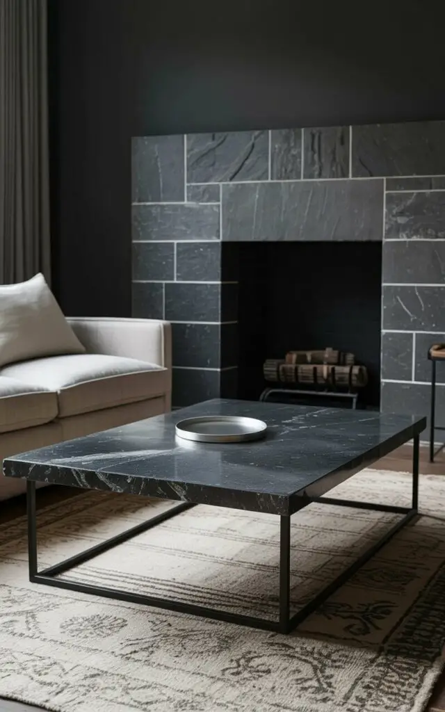 A dark gray stone coffee table with a polished surface sits centered in a living room. The table's surface features subtle variations in tone and texture, showcasing natural veining patterns. A slate fireplace surround, constructed from large rectangular stones, forms a backdrop to the table, and a plush, linen-covered sofa rests to the side. Soft, ambient light illuminates the room, highlighting the stone textures while casting gentle shadows across the floor and revealing a patterned area rug underneath.