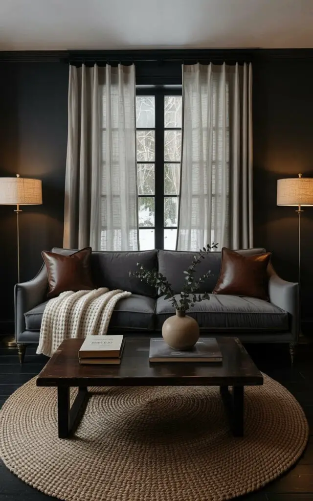 A large, plush sofa upholstered in dark gray velvet sits centered in the room, adorned with a cream-colored knitted throw blanket and two dark brown leather pillows. A round, woven jute rug with a low pile sits beneath the sofa, partially covered by a dark wood coffee table displaying several stacked books and a ceramic vase holding dried eucalyptus branches. Two floor lamps with brass bases and linen shades flank the sofa, casting a warm glow on the walls painted a deep charcoal gray. In the background, a large window reveals a glimpse of snow-covered trees outside, partially obscured by sheer linen curtains.