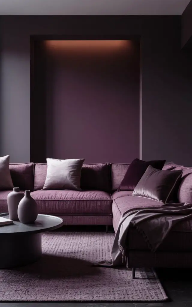 A moody interior photograph of a sophisticated living room featuring a carefully curated monochromatic palette of deep plum and charcoal tones. The focal point is a plush sectional sofa upholstered in a rich burgundy-plum fabric, positioned against a dramatic plum accent wall while the remaining walls are painted in deep charcoal gray. A textured monochromatic area rug in complementary purple-gray tones anchors the seating area, topped with ceramic vases in varying plum shades, cashmere throws, and velvet pillows that create subtle tonal variations. Soft ambient lighting from hidden sources casts gentle shadows across the space, enhancing the layered textures and creating an intimate, cocoon-like atmosphere that feels both luxurious and serene.