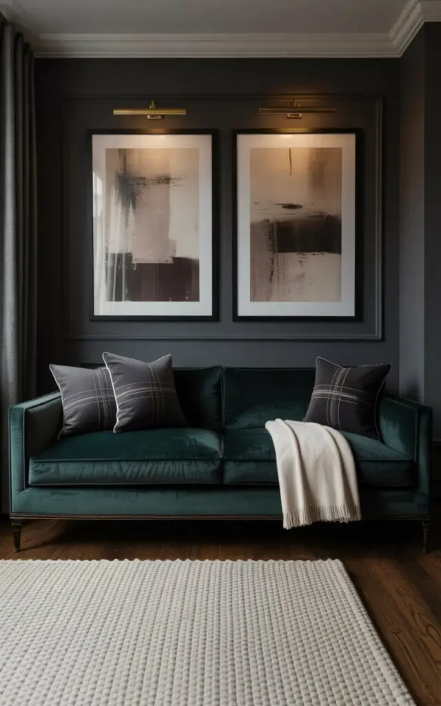 A deep emerald velvet sofa anchors the composition, its plush fabric reflecting the ambient light. Scattered across the sofa are three dark gray throw pillows with subtle geometric patterns, and a folded ivory cashmere blanket lies neatly at one end. A textured, cream-colored rug with a low pile covers the hardwood floor, partially visible beneath the sofa’s front legs. The room's walls are painted a muted charcoal gray, and two framed abstract art pieces with beige, taupe, and dark brown hues hang on the wall behind the seating area.