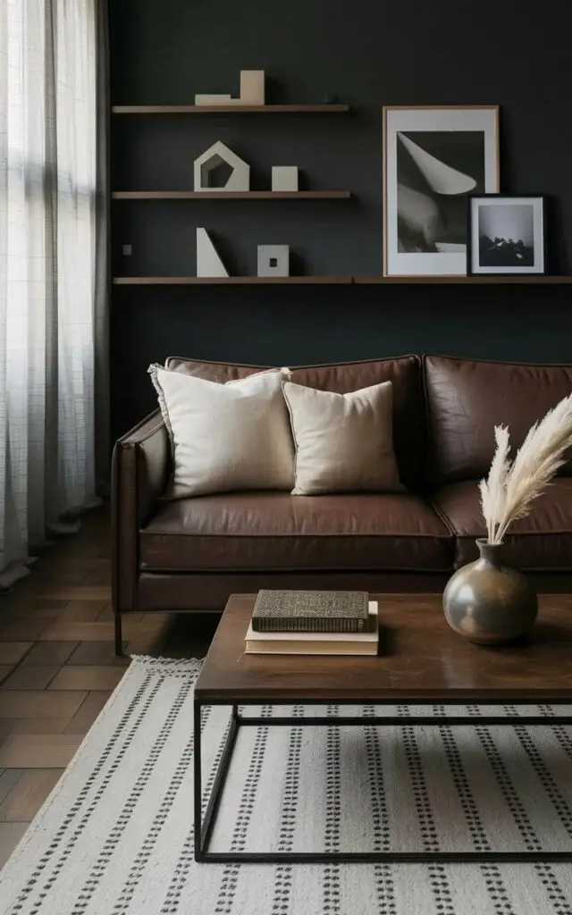 A deep walnut-colored sofa with linen upholstery sits centered within the room, featuring three plush throw pillows in varying shades of cream. A low, rectangular coffee table constructed from dark wood and metal sits before the sofa, displaying a stack of books with textured covers and a ceramic vase filled with dried pampas grass. Minimalist shelves made of the same dark wood line one wall, holding a collection of geometric sculptures and framed black and white photographs. Large windows with sheer linen curtains allow soft light to filter into the space, illuminating the rich grain of the wooden floorboards and accentuating a Persian rug with a subtle geometric pattern beneath the coffee table.