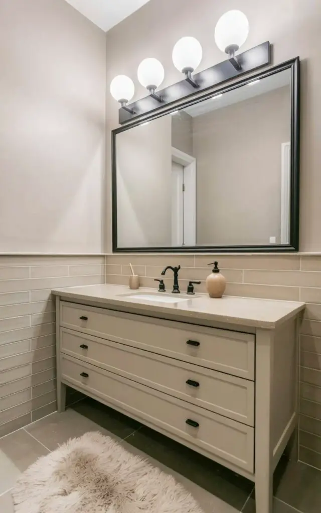 A multi-arm vanity light fixture with five globe bulbs extends horizontally above a wide rectangular mirror. Each bulb emits a warm, diffused glow, illuminating the pale wood vanity underneath with integrated, recessed drawer pulls. The vanity features three drawers and a wide countertop with a ceramic soap dispenser and a small porcelain toothbrush holder positioned centrally. Beige walls with a subtle vertical texture are tiled with large, square, satin-finish tiles and a plush, cream-colored bathmat sits on the floor below the vanity.