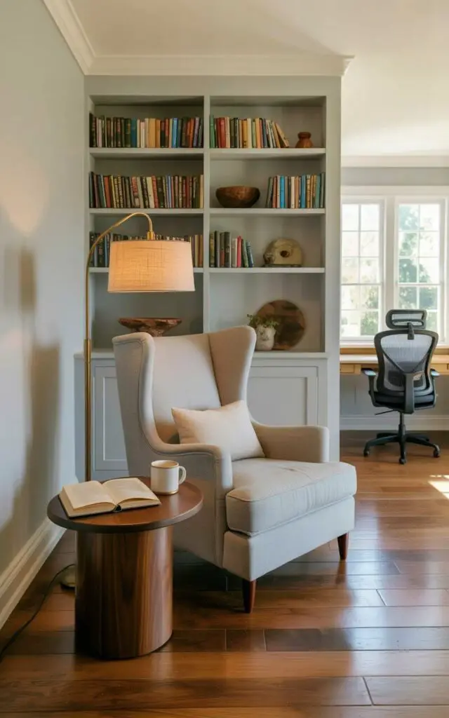A comfortable armchair upholstered in light gray fabric sits facing a wall lined with built-in bookshelves filled with a variety of books and decorative objects. A small, round side table made of dark walnut wood rests beside the chair, holding a closed hardcover book and a ceramic mug. A brass floor lamp with a linen shade provides focused light above the chair, casting a warm glow on the surrounding area. The reading nook is positioned within a larger home office space, with a black mesh office chair and a large wooden desk visible in the background.