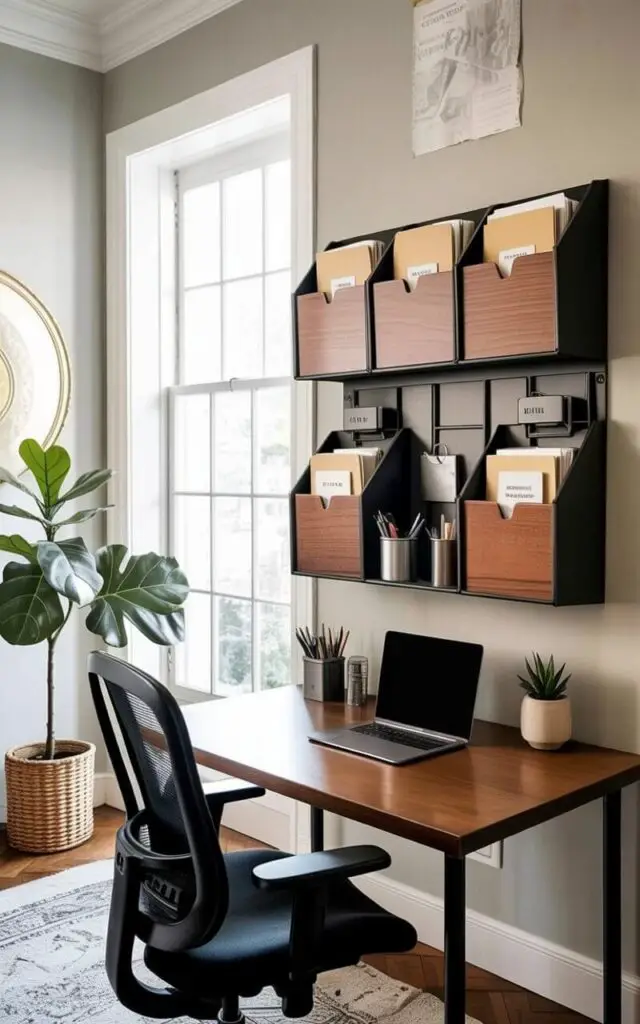 A wall-mounted desk organizer system composed of wooden and metal compartments is affixed to a pale gray wall above a rectangular office table. Inside the compartments are neatly arranged files with labeled tabs, various stationery items like pens and pencils in a metal holder, and a small ceramic succulent planter. The office table is clear except for a closed laptop positioned centrally, paired with a black ergonomic office chair with adjustable armrests. Natural light streams through a large window behind the desk, illuminating a potted fiddle-leaf fig plant in a woven basket in the corner of the room.
