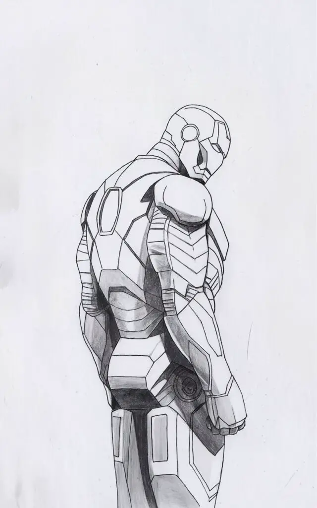 A thoughtful, plain white background pencil drawing illustration of Iron Man standing still while turning his head slightly over one shoulder. The body remains facing forward, while the head twist adds subtle storytelling. The artwork is drawn in a simplistic style. Gentle pencil strokes and clean outlines emphasize quiet awareness rather than action.