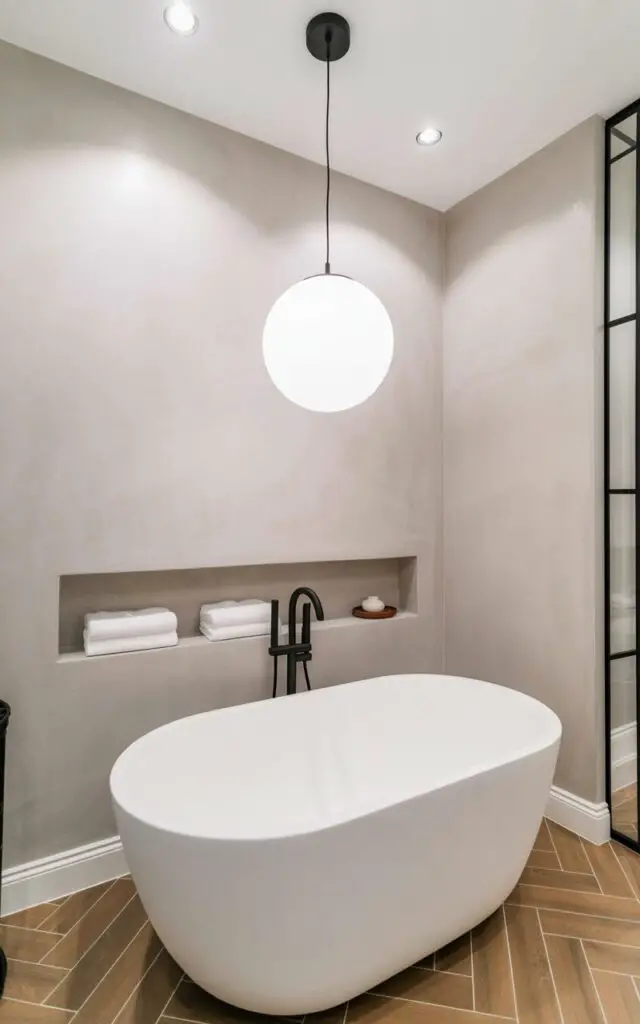 A large matte-white globe pendant light hangs directly above a freestanding oval bathtub. The pendant is suspended from a thin black cord that extends to the ceiling and casts a soft glow across the room. The bathtub sits on warm-toned herringbone flooring, with smooth plaster walls creating a clean backdrop. A narrow built-in shelf beside the tub displays neatly folded white towels and a small ceramic soap dish.