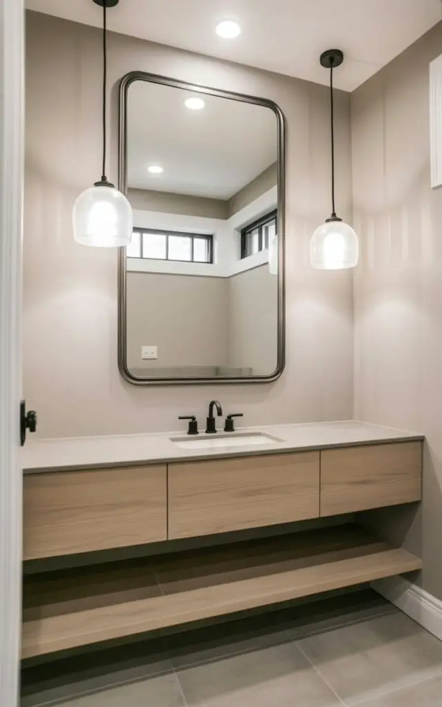 Two frosted glass pendant lights with thin black cords hang on either side of a rectangular vanity mirror. The lights emit a diffused glow that illuminates the smooth, warm-toned walls behind them. Below the mirror, a floating vanity is constructed from pale oak with a clean, uncluttered surface. The bathroom features tiled flooring in a light gray color, and a narrow window with white trim is visible in the background, allowing diffused natural light to enter.