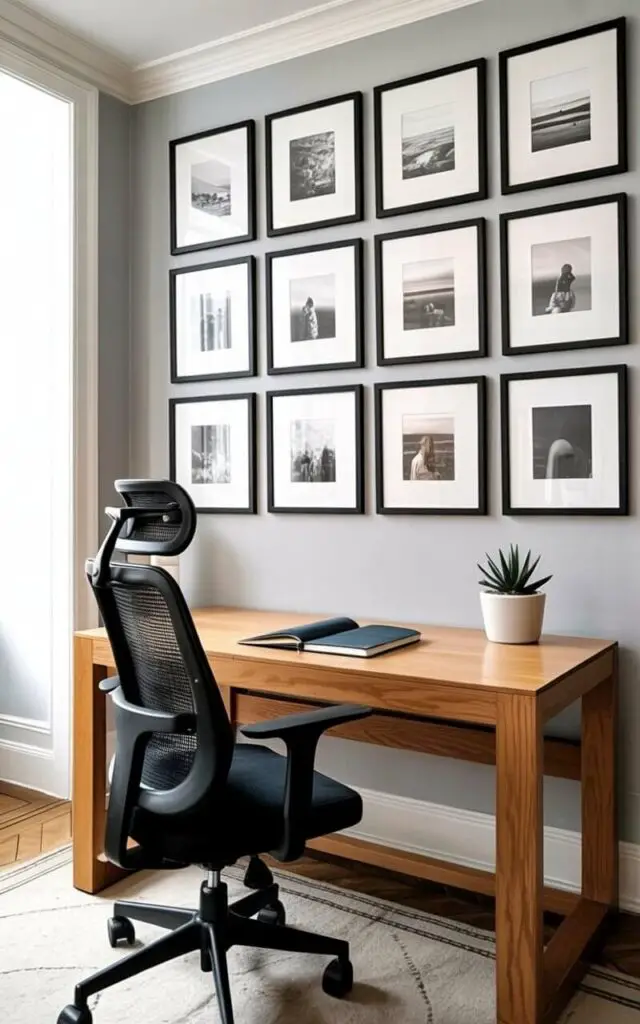 A modern office chair with a mesh back and black fabric upholstery sits facing a rectangular desk made of light oak wood. Above the desk, a gallery wall displays twelve identical black square frames holding grayscale photographs of landscapes and portraits, evenly spaced across the wall. A small succulent plant in a white ceramic pot rests on the corner of the desk, next to a closed notebook with a dark blue cover. The room has light gray walls, a hardwood floor with a simple geometric pattern, and a large window providing natural light.