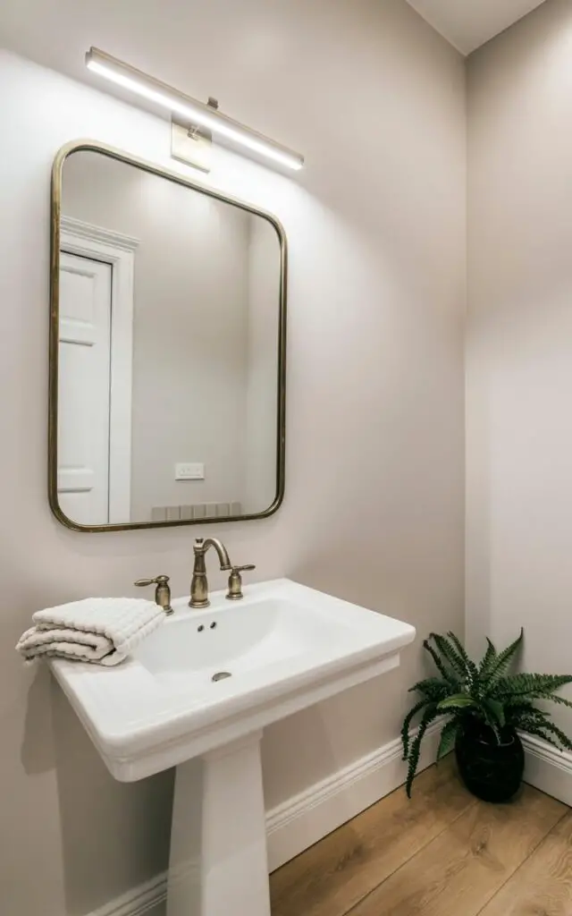 A rectangular mirror with a thin brass frame hangs above a white ceramic pedestal sink in a small bathroom. A slim brass picture light fixture is mounted directly above the mirror, casting a warm glow on the mirror's surface and the pale cream-colored wall behind it. The pedestal sink features a brushed brass faucet and a folded white linen towel neatly placed on the counter beside it. Warm oak flooring extends throughout the bathroom, complementing the neutral color scheme and a single potted fern sits on the floor in the corner.