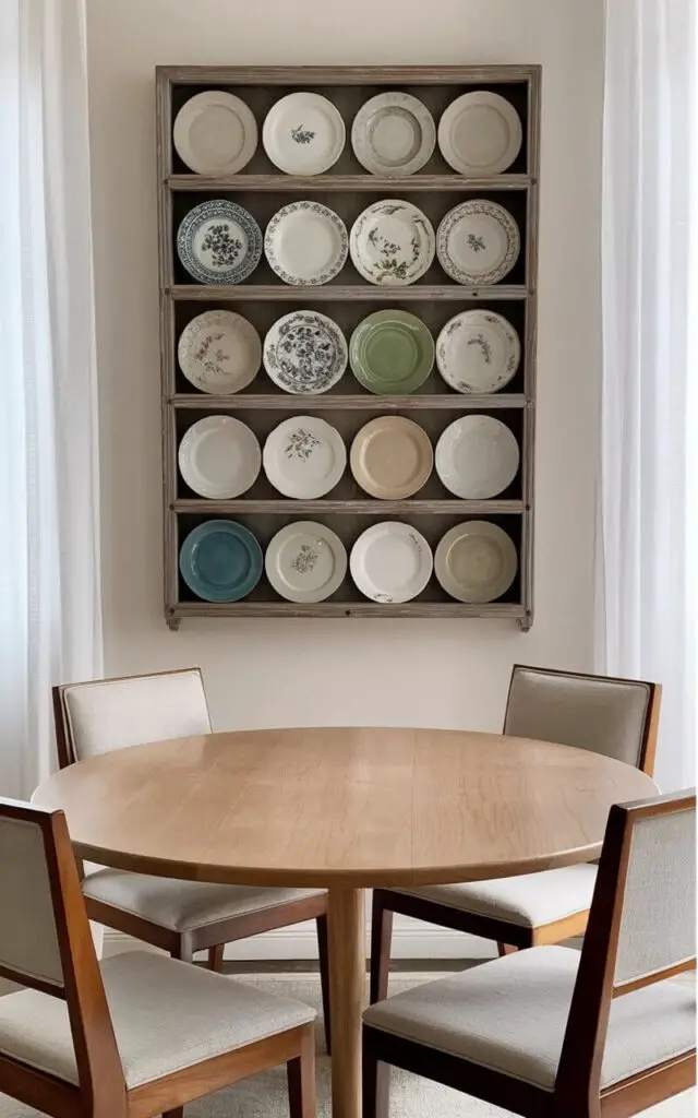 A large, rectangular plate rack, crafted from dark-stained wood, is mounted on a cream-colored wall, displaying a collection of ceramic plates in varying sizes and patterns. The plates are arranged in neat rows, with each plate facing forward and slightly overlapping the adjacent one, showcasing floral designs, geometric patterns, and solid colors in hues of blue, green, and beige. Below the plate rack, a round dining table made of light maple wood sits centered in the room, surrounded by four simple, upholstered dining chairs with straight legs and linen fabric in a light gray color. Natural light filters through sheer white curtains, softly illuminating the scene and highlighting the texture of the wooden surfaces and the delicate details of the plates.