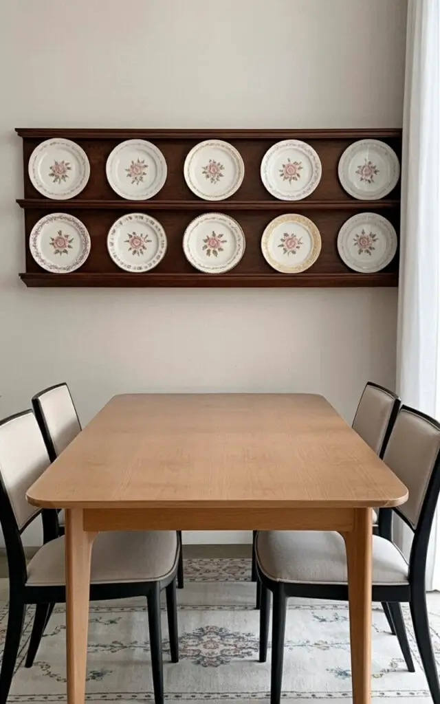 A dark wood plate rail extends horizontally along the upper portion of a dining room wall, showcasing a collection of porcelain plates with hand-painted floral designs. Ten plates are arranged in a symmetrical grid pattern on the rail, each featuring delicate pink roses and gilded edges. Below the rail, a rectangular dining table with a smooth, pale maple finish stands centered in the room, surrounded by four upholstered dining chairs with slender, black metal frames. Soft light from a nearby window illuminates the textures of the plates and the clean lines of the room, revealing a glimpse of a patterned Persian rug beneath the table.