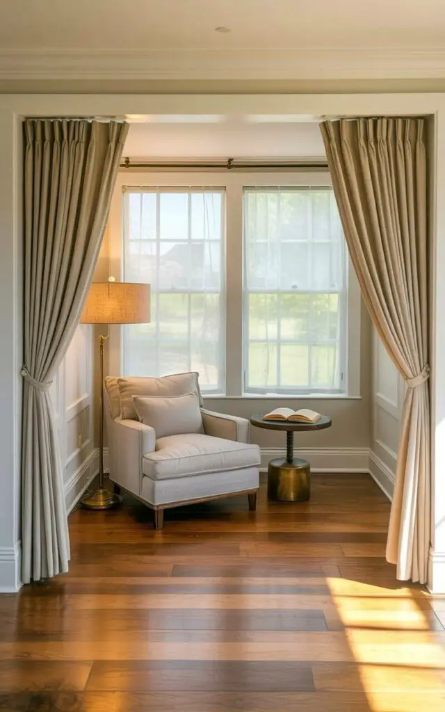 Soft, flowing curtains in a cream color partially enclose a reading nook, creating a sense of seclusion within a larger room. Inside the nook, a low-slung armchair upholstered in light gray linen sits beside a small, round side table made of dark wood with a single, open book resting on its surface. A floor lamp with a brass base and a linen shade stands to the side of the armchair, casting a warm glow on the interior space. The room beyond the curtains features a hardwood floor, a glimpse of a white-painted wall, and a large window with sheer white curtains allowing diffused daylight to filter in.