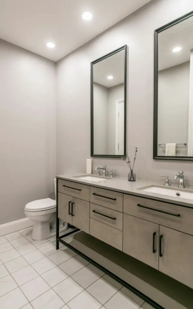 A small bathroom features a double vanity with handleless drawers and a thin quartz countertop supporting two undermount sinks. Recessed LED spots in the ceiling provide even illumination, eliminating shadows across the white porcelain tiles covering the floor and walls. A white toilet is situated to the side of the vanity, while a tall, rectangular mirror hangs above the sinks. The room's walls are painted a soft, neutral gray, and a simple, white bath towel hangs neatly on a chrome towel rack.