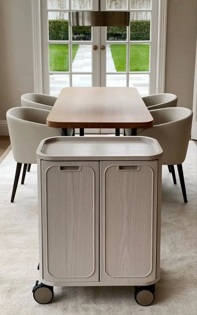 A compact rolling storage cabinet with smooth, light-gray wooden panels and four slim, dark-gray metal casters stands against a light-beige wall. The cabinet features two neatly concealed compartments with recessed silver handles and a slightly rounded top edge. A circular, brushed-nickel pendant lamp hangs directly above a rectangular, light-wood dining table centered in the room, which is surrounded by four streamlined dining chairs upholstered in a soft, cream-colored fabric. The room’s large windows offer a view of a neatly manicured lawn with trimmed hedges and a paved walkway extending into the distance.